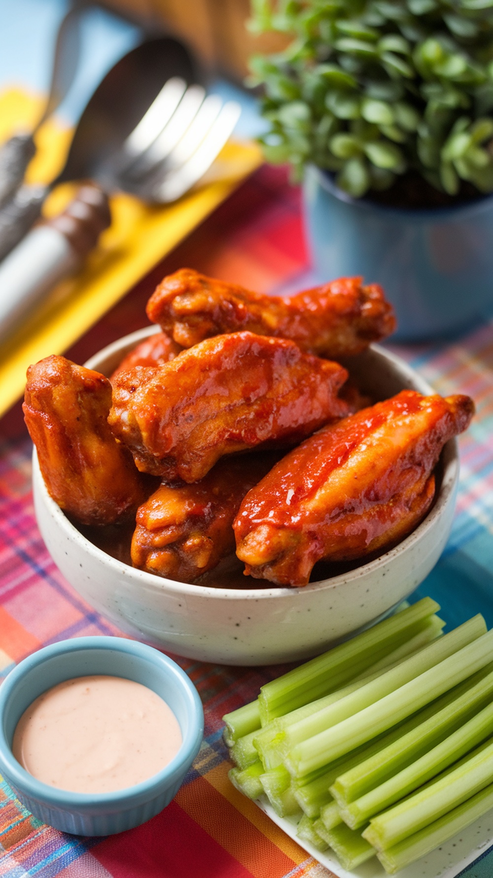 A bowl of spicy Cajun baked chicken wings served with celery sticks and dipping sauce.