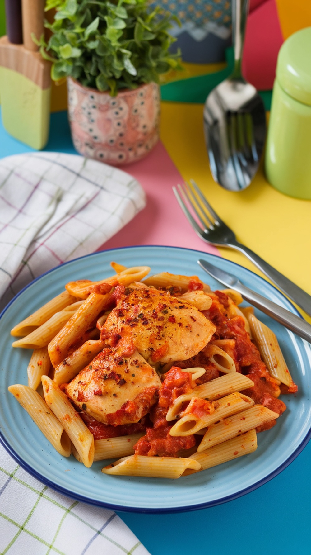 A plate of spicy chicken arrabbiata with penne pasta and tomato sauce