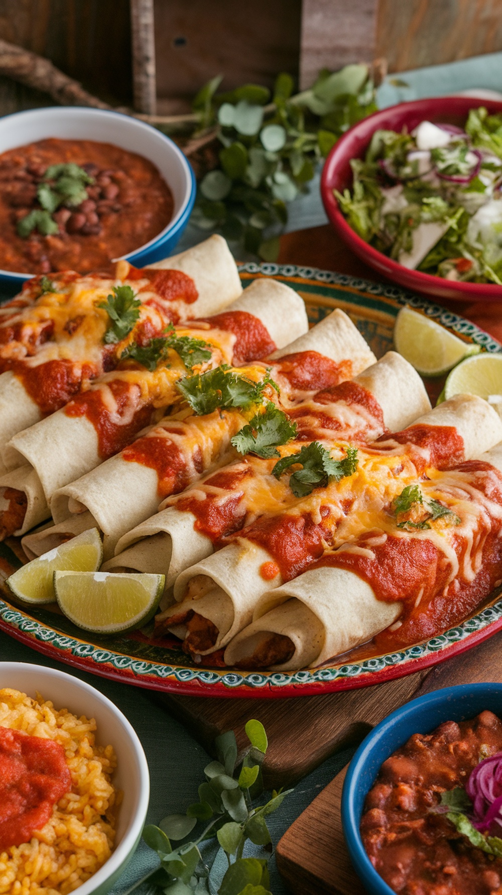 Delicious spicy chicken enchiladas topped with cheese and fresh cilantro, served with lime wedges.
