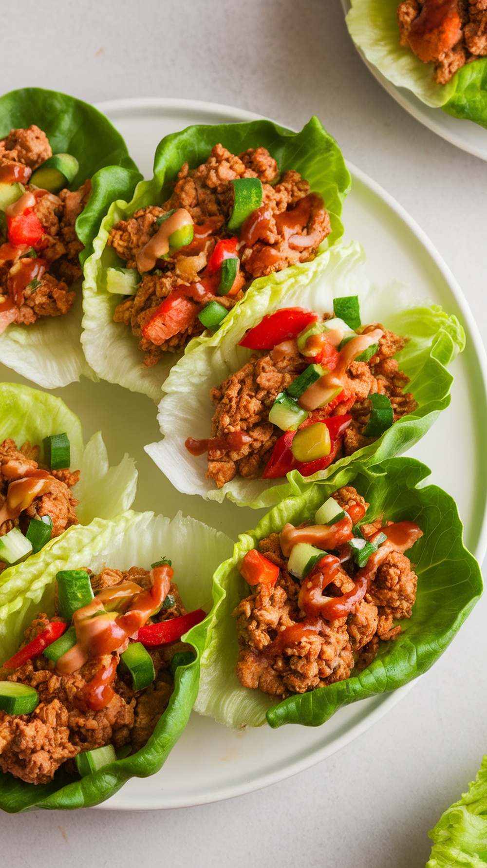 Spicy chicken lettuce wraps topped with colorful vegetables.