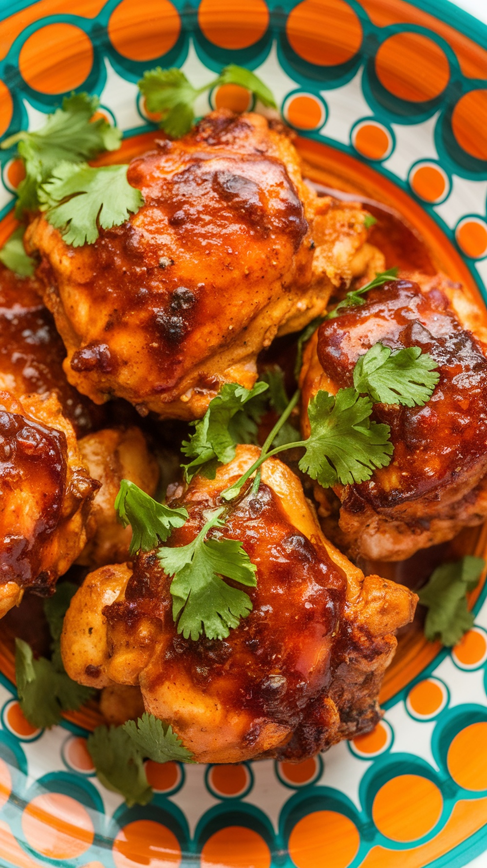 A colorful plate of spicy chicken thighs garnished with fresh cilantro