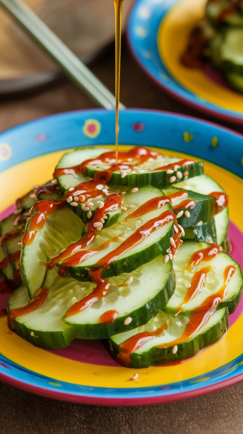 Spicy Cucumber Salad with chili oil drizzled on top.