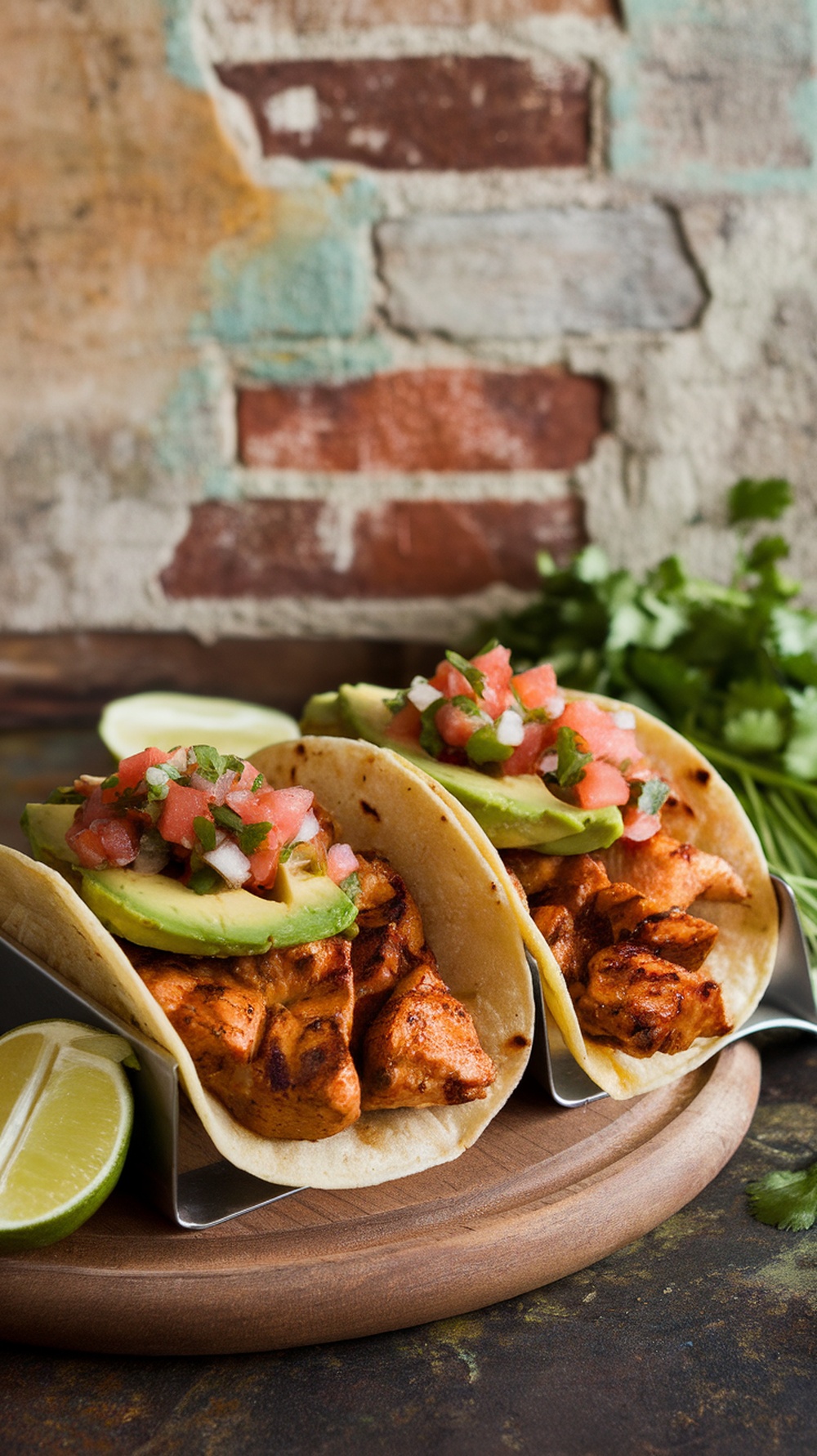 Spicy grilled chicken tacos with avocado and pico de gallo