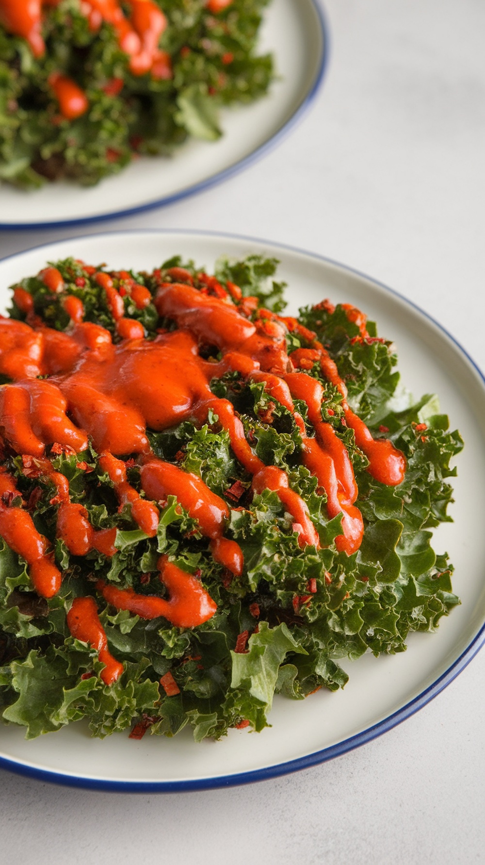 A spicy kale salad drizzled with Sriracha dressing.
