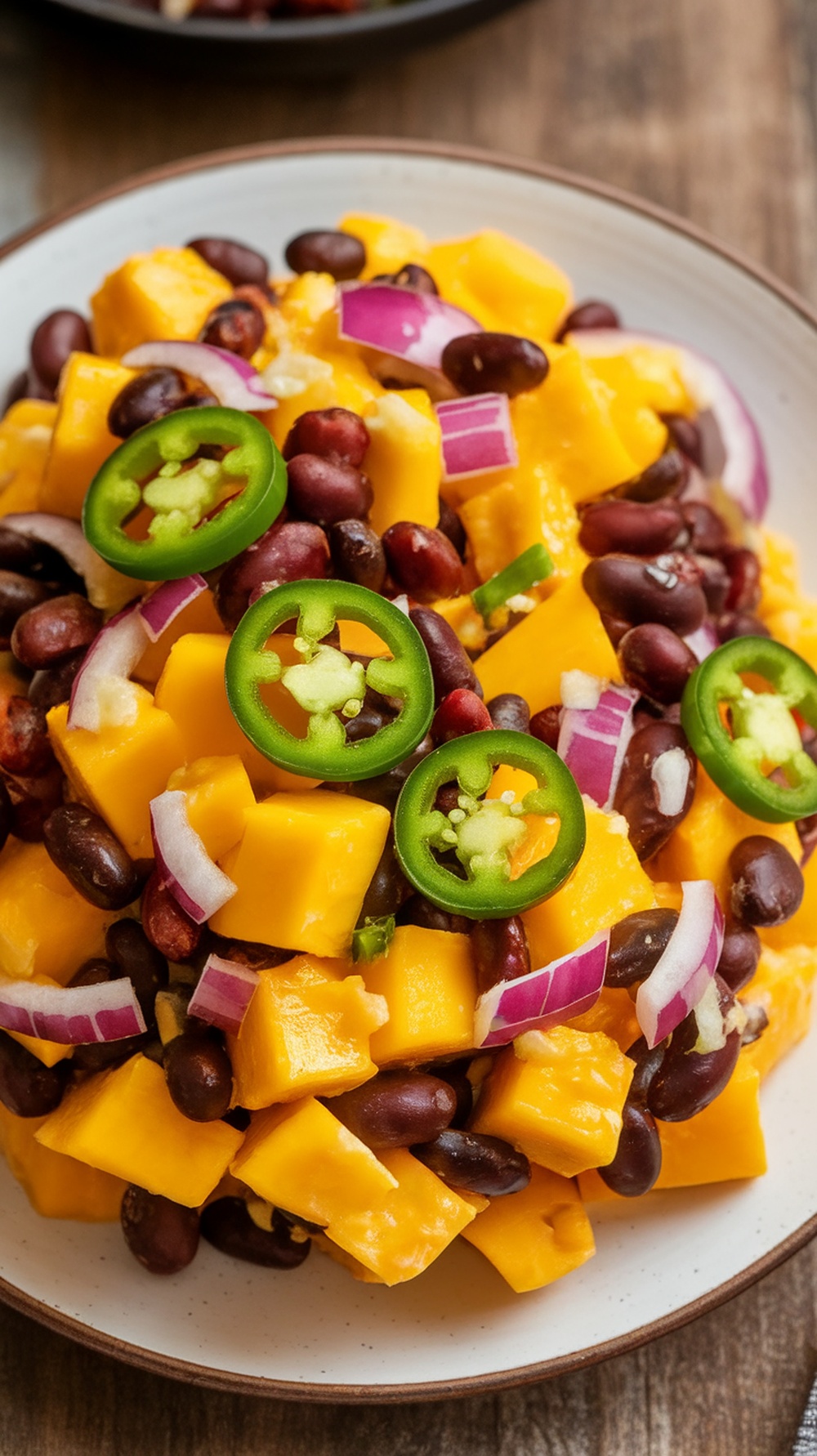 Colorful Spicy Mango Black Bean Salad with diced mango, black beans, jalapeños, and red onion.