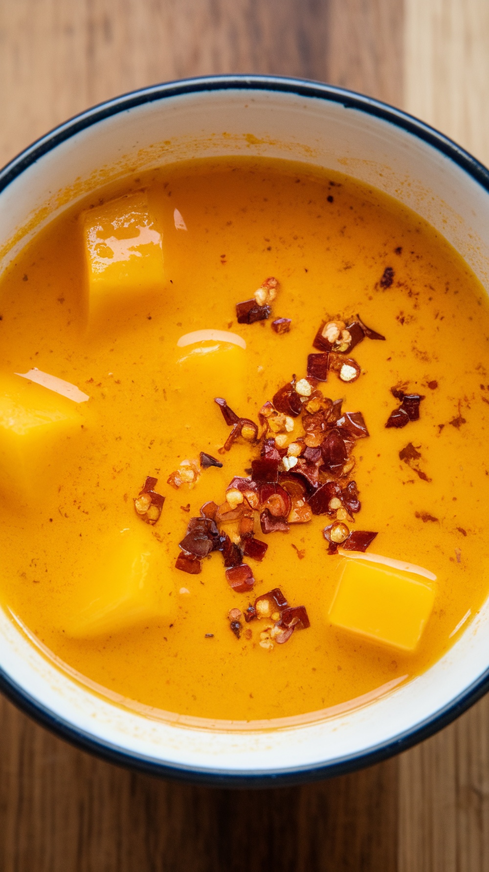 A bowl of vibrant Spicy Mango Dressing topped with chili flakes.