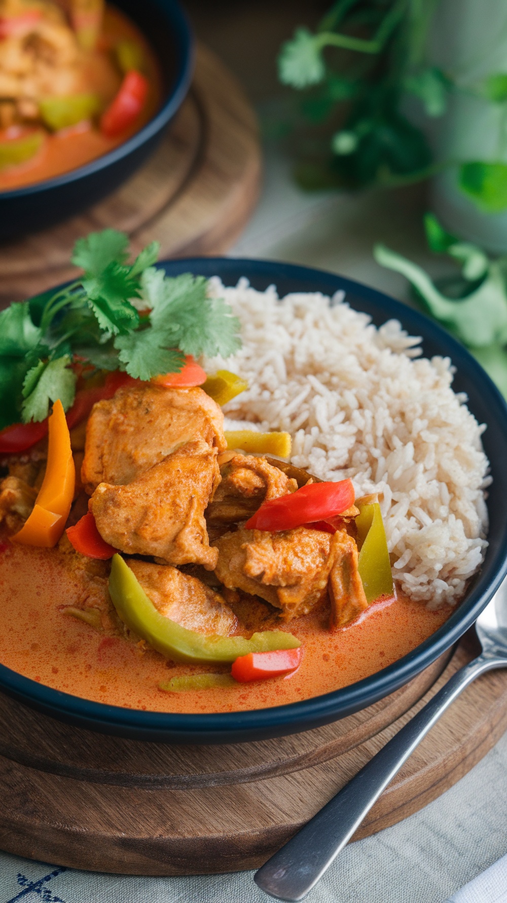 A bowl of spicy Thai chicken curry served with rice and garnished with fresh cilantro.