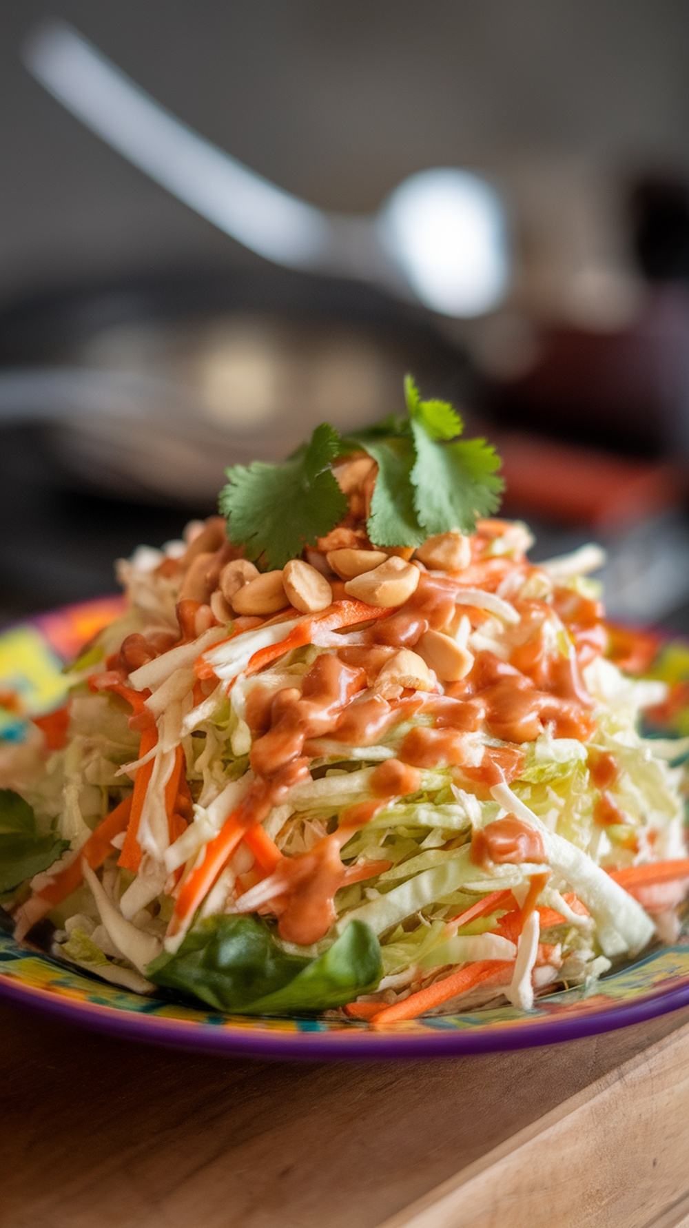 A vibrant Spicy Thai Crunch Salad with shredded cabbage, carrots, cilantro, and peanuts, drizzled with a spicy peanut dressing.