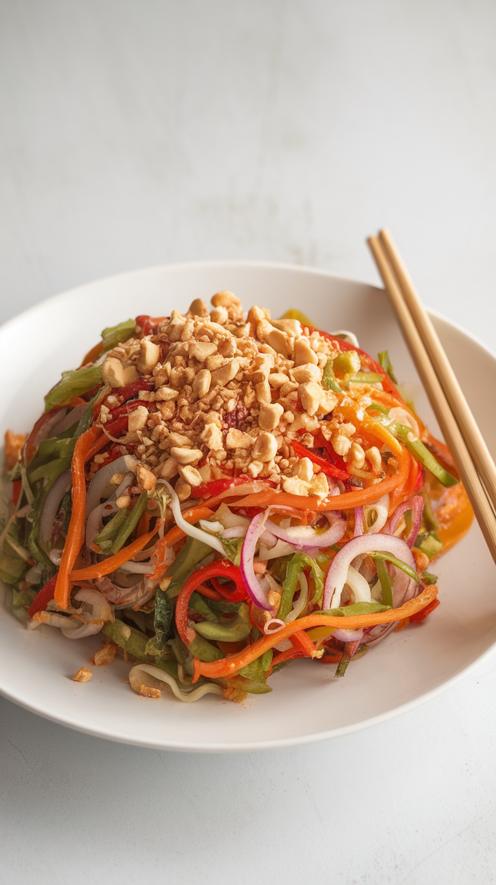 A vibrant Spicy Thai Noodle Salad topped with chopped peanuts.
