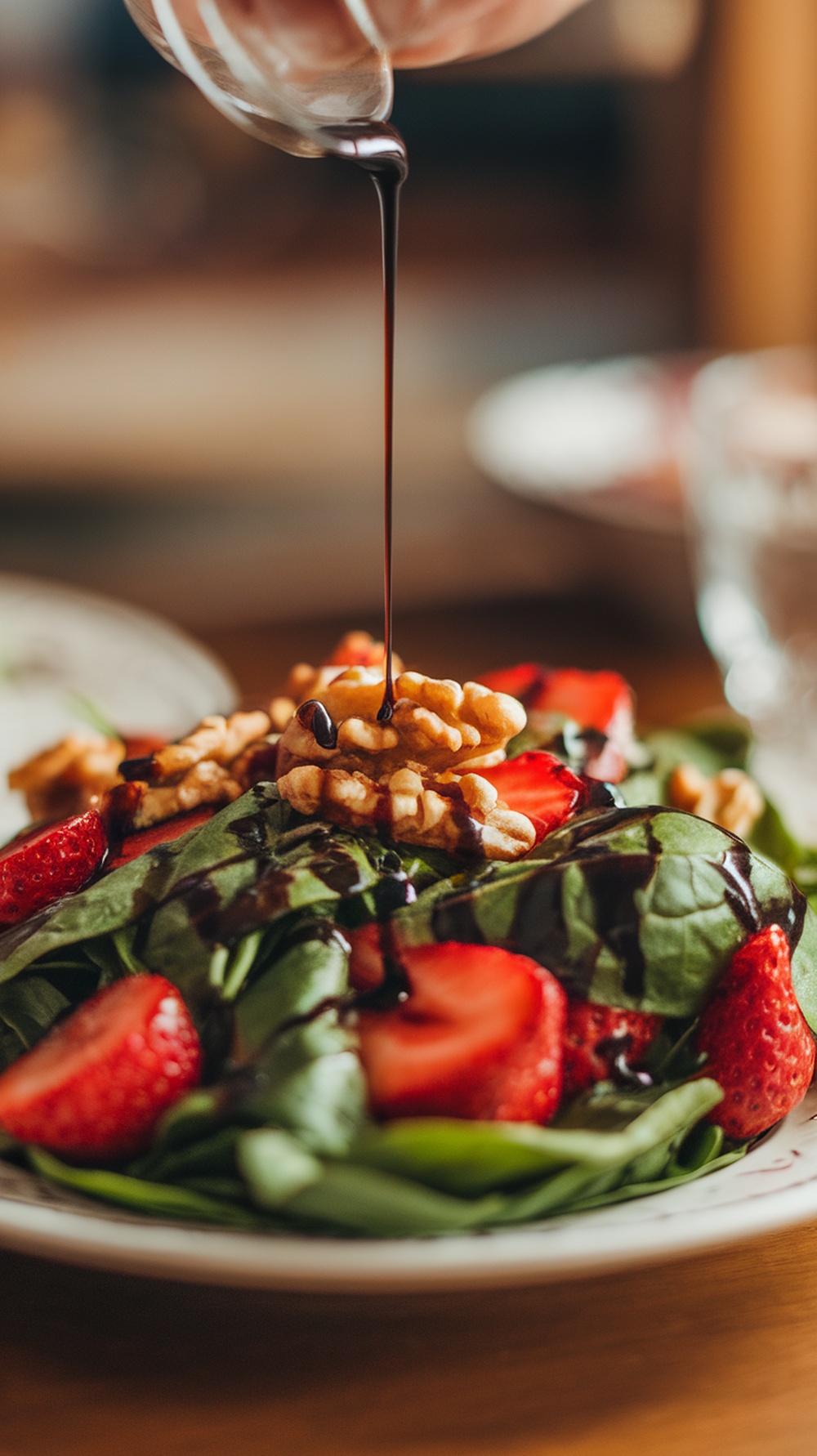 A colorful spinach and strawberry salad topped with walnuts and balsamic dressing.