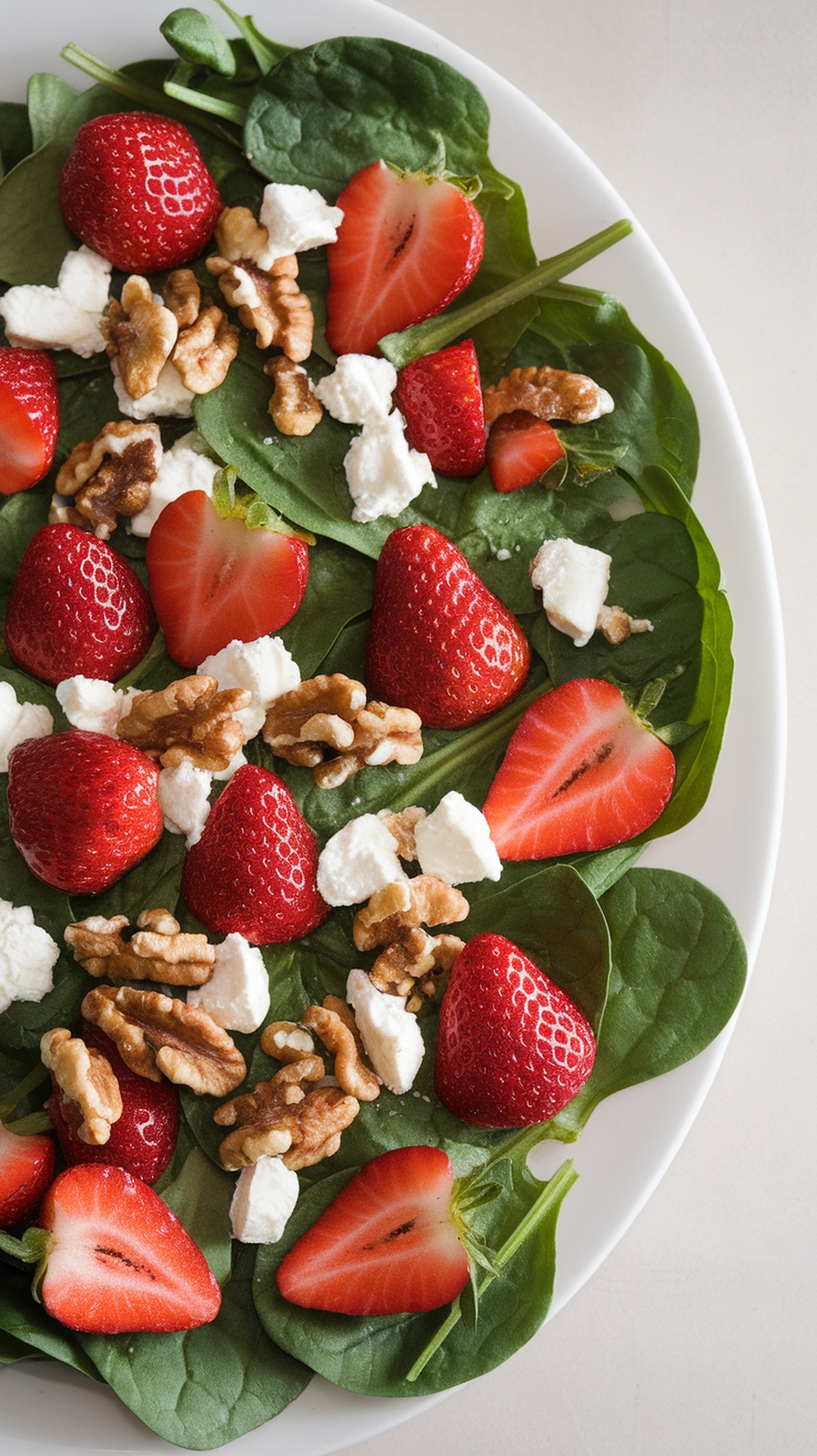 A fresh salad featuring spinach, strawberries, goat cheese, and walnuts.