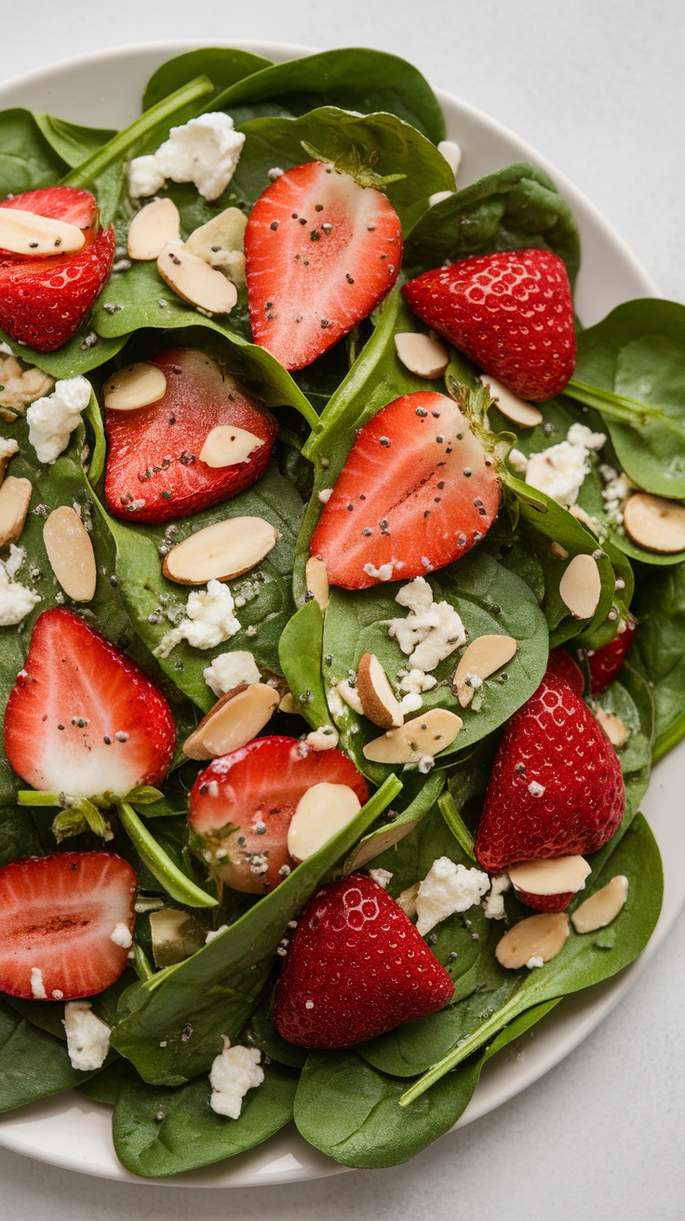 A vibrant spinach strawberry salad with sliced strawberries, almonds, and feta cheese