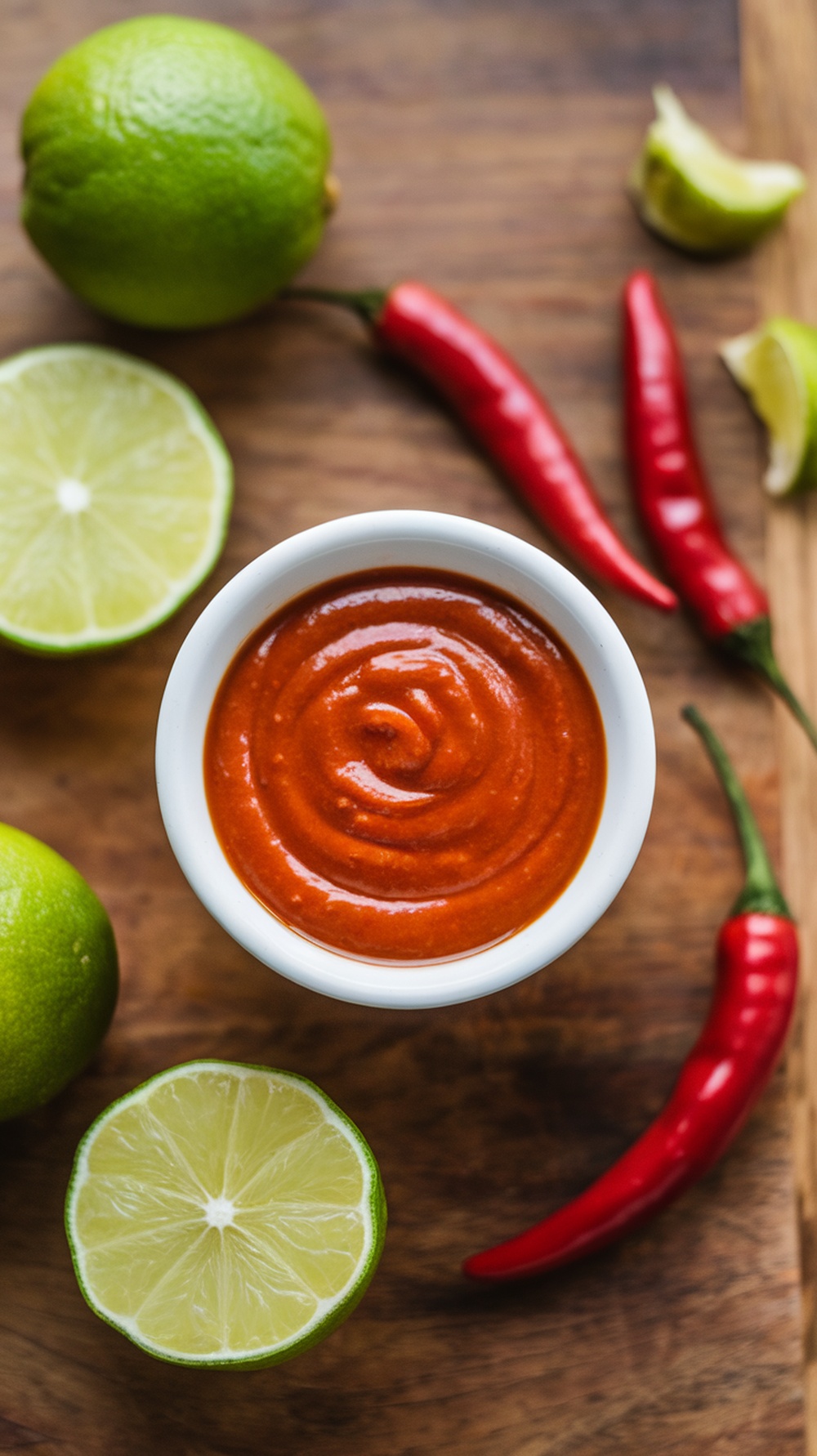 A bowl of Sriracha Lime Dressing with limes and chili peppers around it.