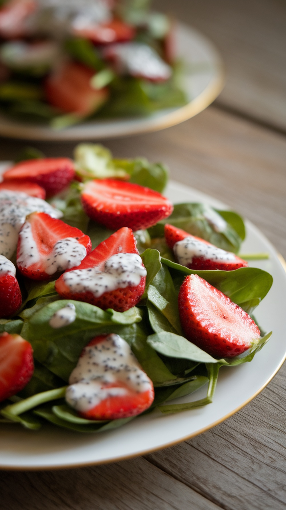 A vibrant Strawberry Spinach Salad topped with creamy poppy seed dressing.