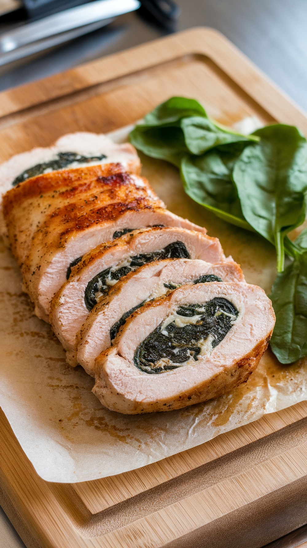 Stuffed chicken breast with spinach and cheese, sliced and presented on a cutting board.
