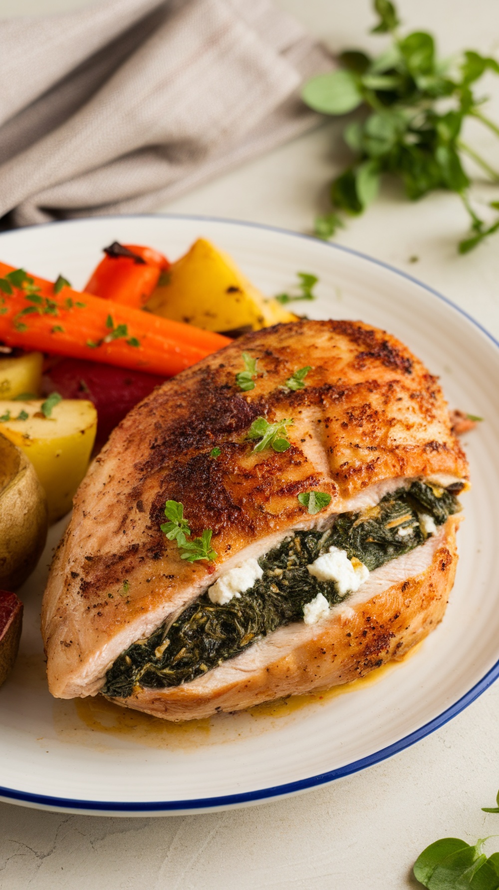 A delicious stuffed chicken breast filled with spinach and feta, served with colorful vegetables.