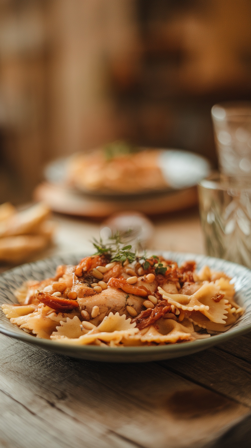 A plate of Sun-Dried Tomato Chicken Farfalle with pasta, sun-dried tomatoes, and pine nuts.