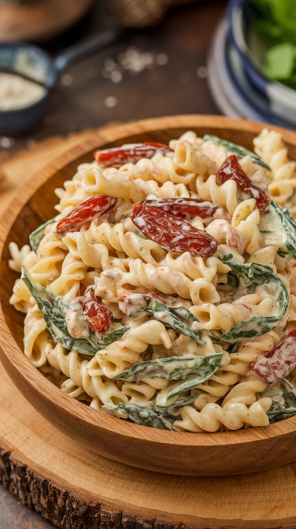 A bowl of creamy sundried tomato and spinach pasta salad, featuring rotini pasta, sundried tomatoes, and fresh spinach.