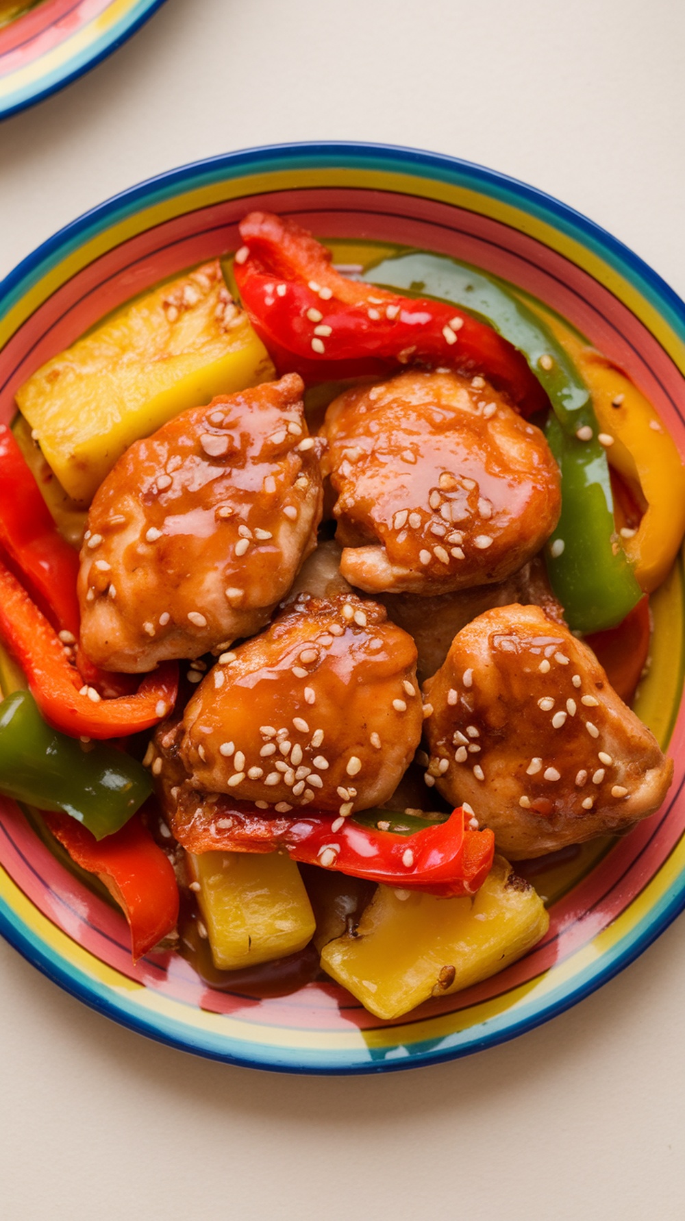 A colorful plate of sweet and sour chicken with peppers and pineapple.