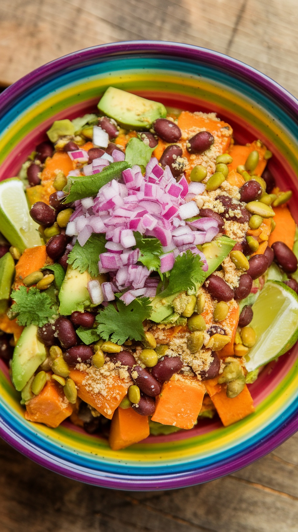 A colorful bowl of Sweet Potato and Black Bean Salad topped with red onion and cilantro.