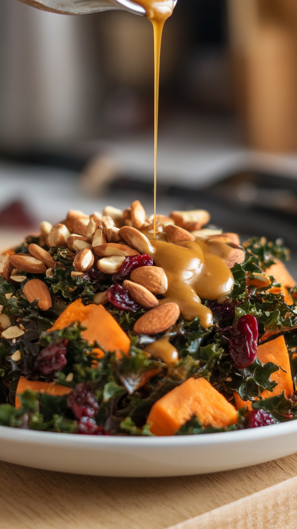 A delicious Sweet Potato and Kale Salad drizzled with maple dressing, topped with almonds and cranberries.