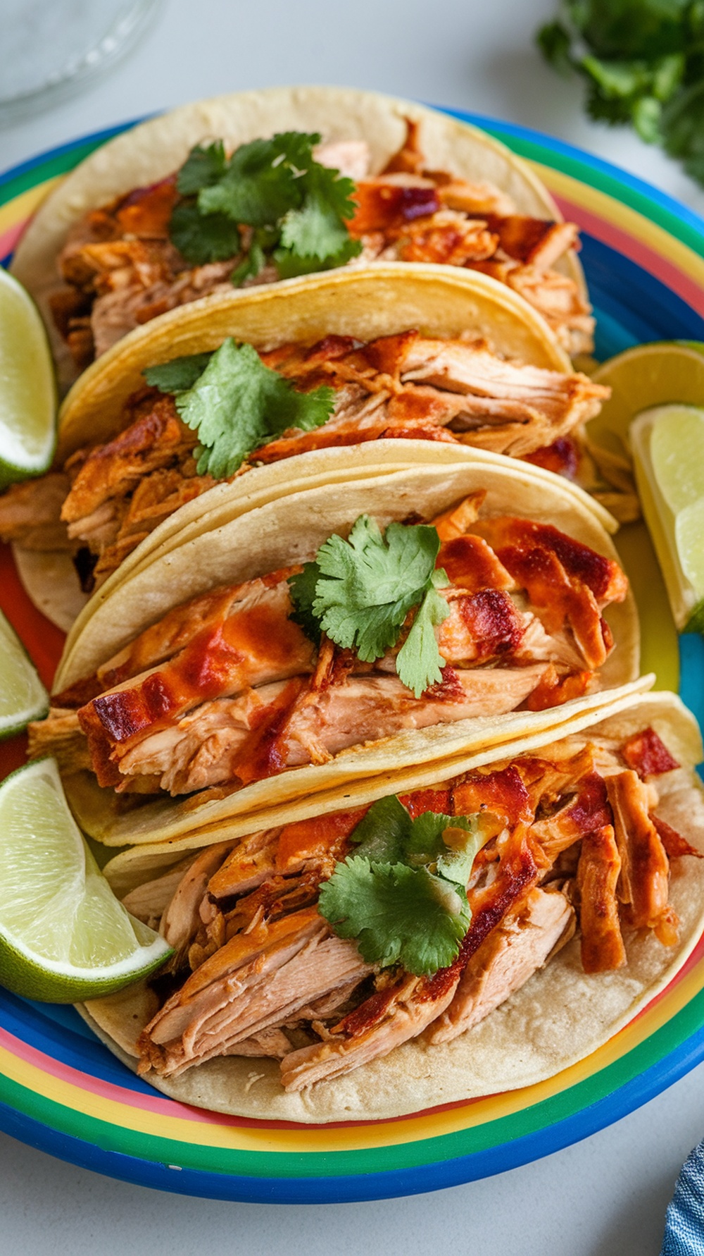 Tangy Barbecue Rotisserie Chicken Tacos served on a colorful plate with lime wedges and cilantro