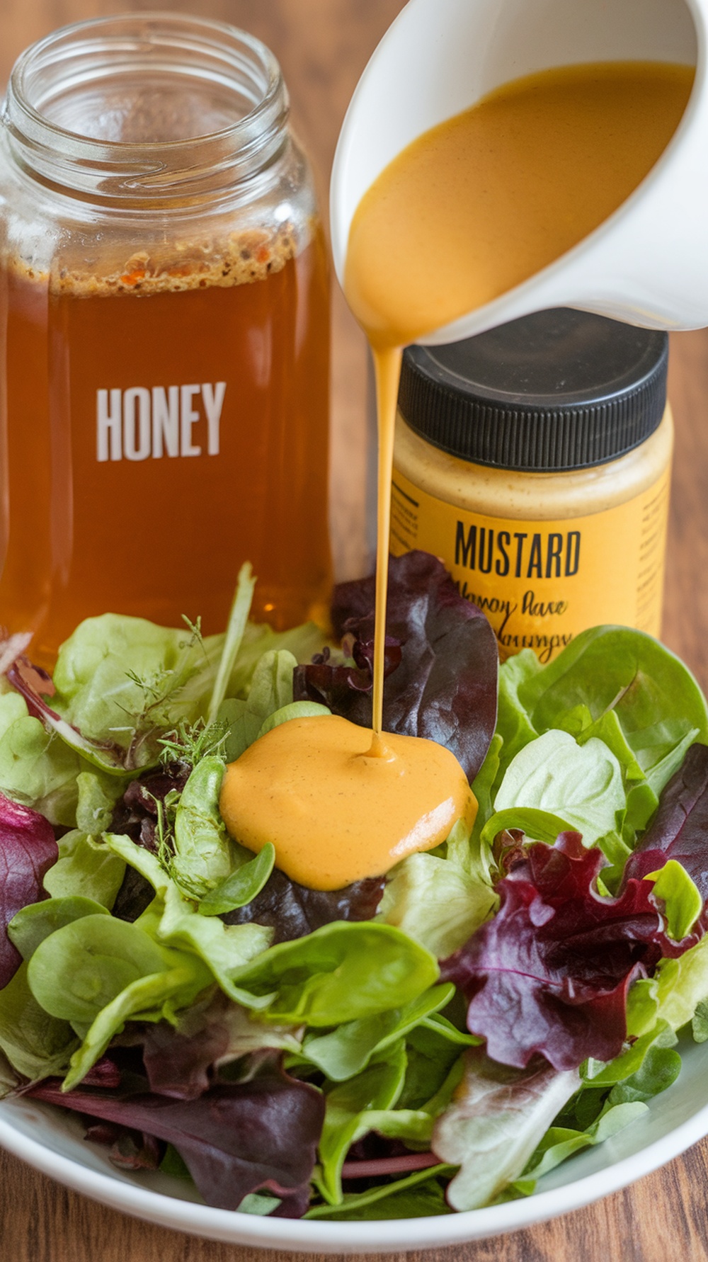 A bowl of salad with honey mustard dressing being poured over it.