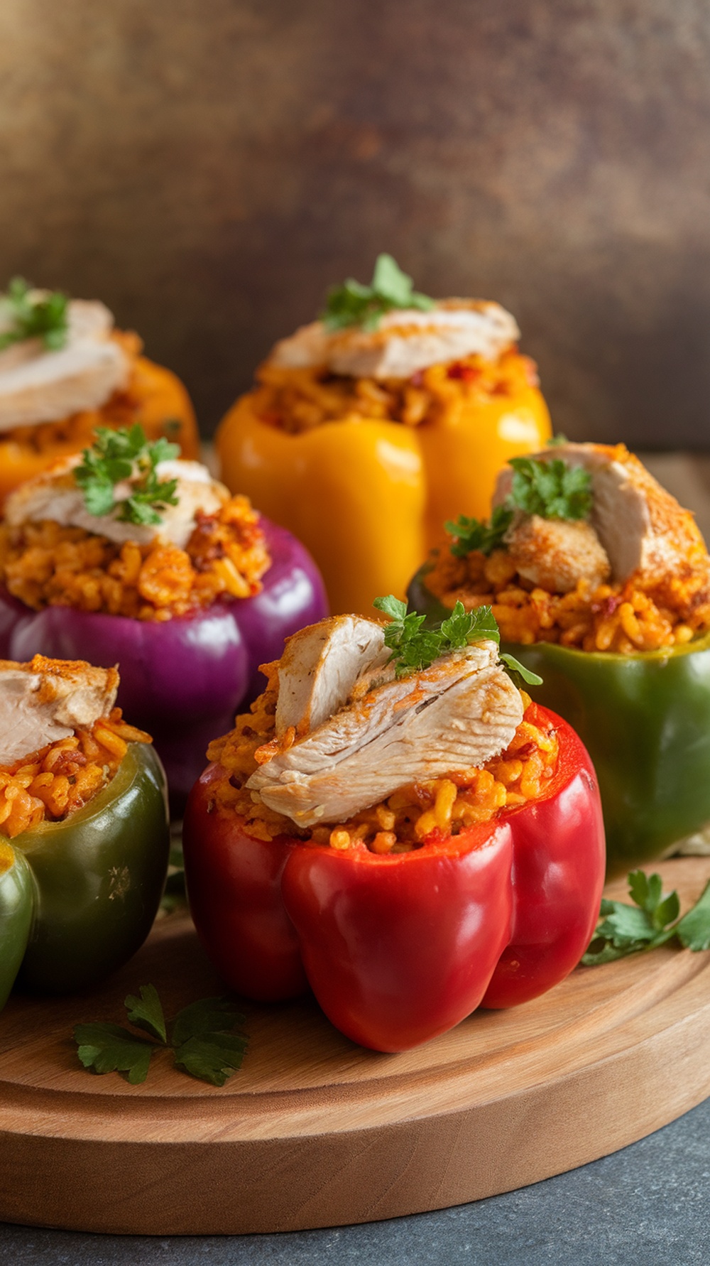 Colorful stuffed bell peppers filled with rotisserie chicken and rice, topped with cheese and garnished with cilantro.