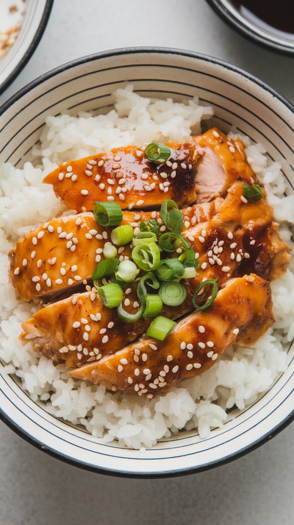 A bowl of teriyaki chicken served over jasmine rice