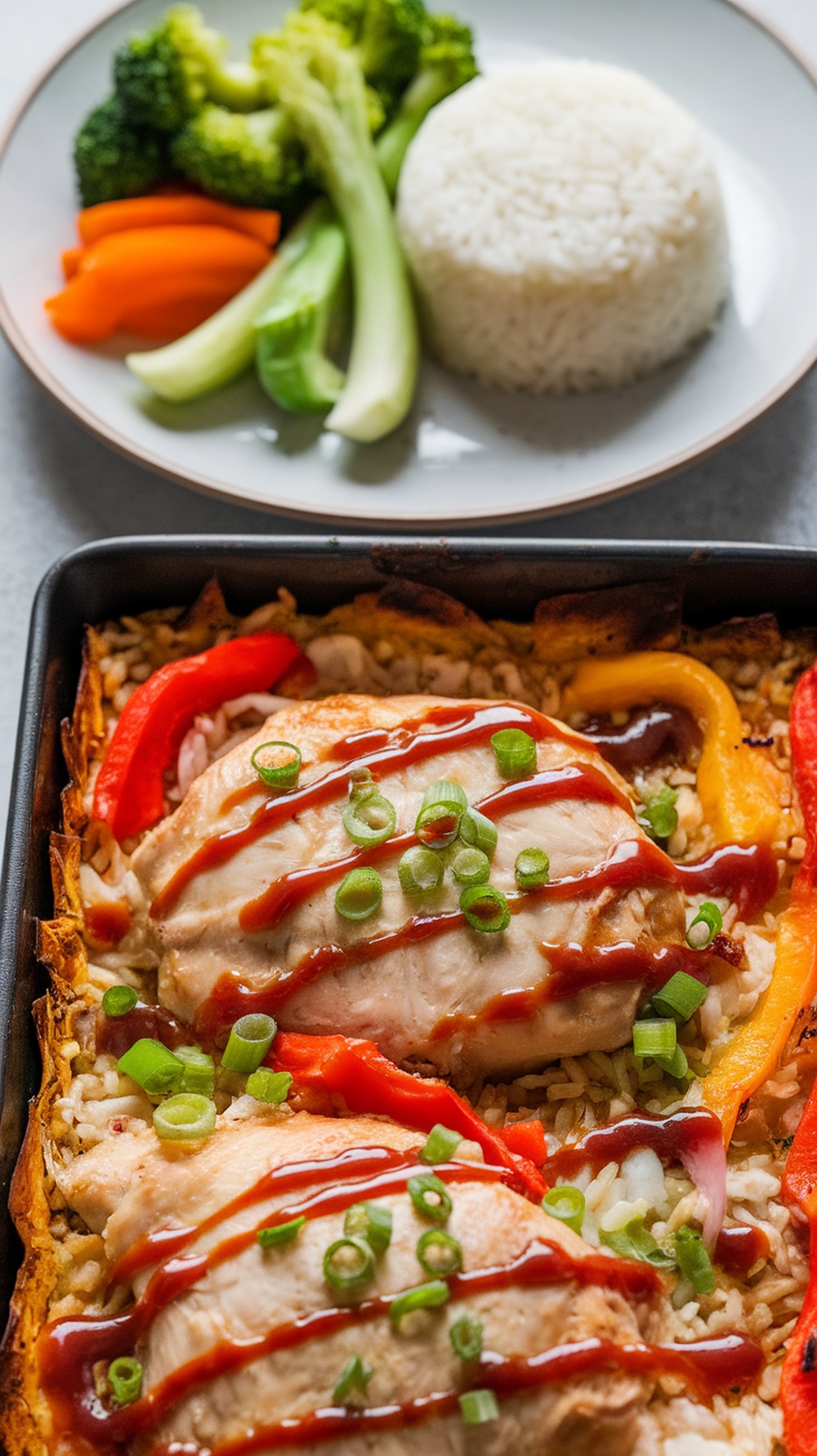 A delicious serving of teriyaki chicken casserole with rice and colorful vegetables.