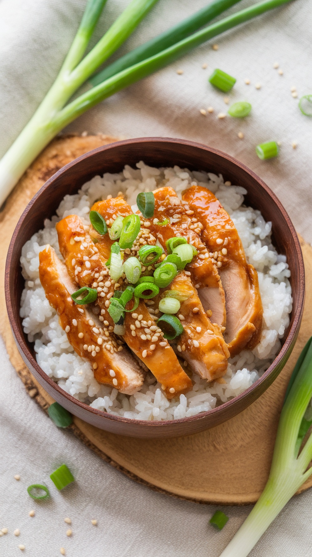 A delicious teriyaki chicken rice bowl topped with sliced green onions and sesame seeds.