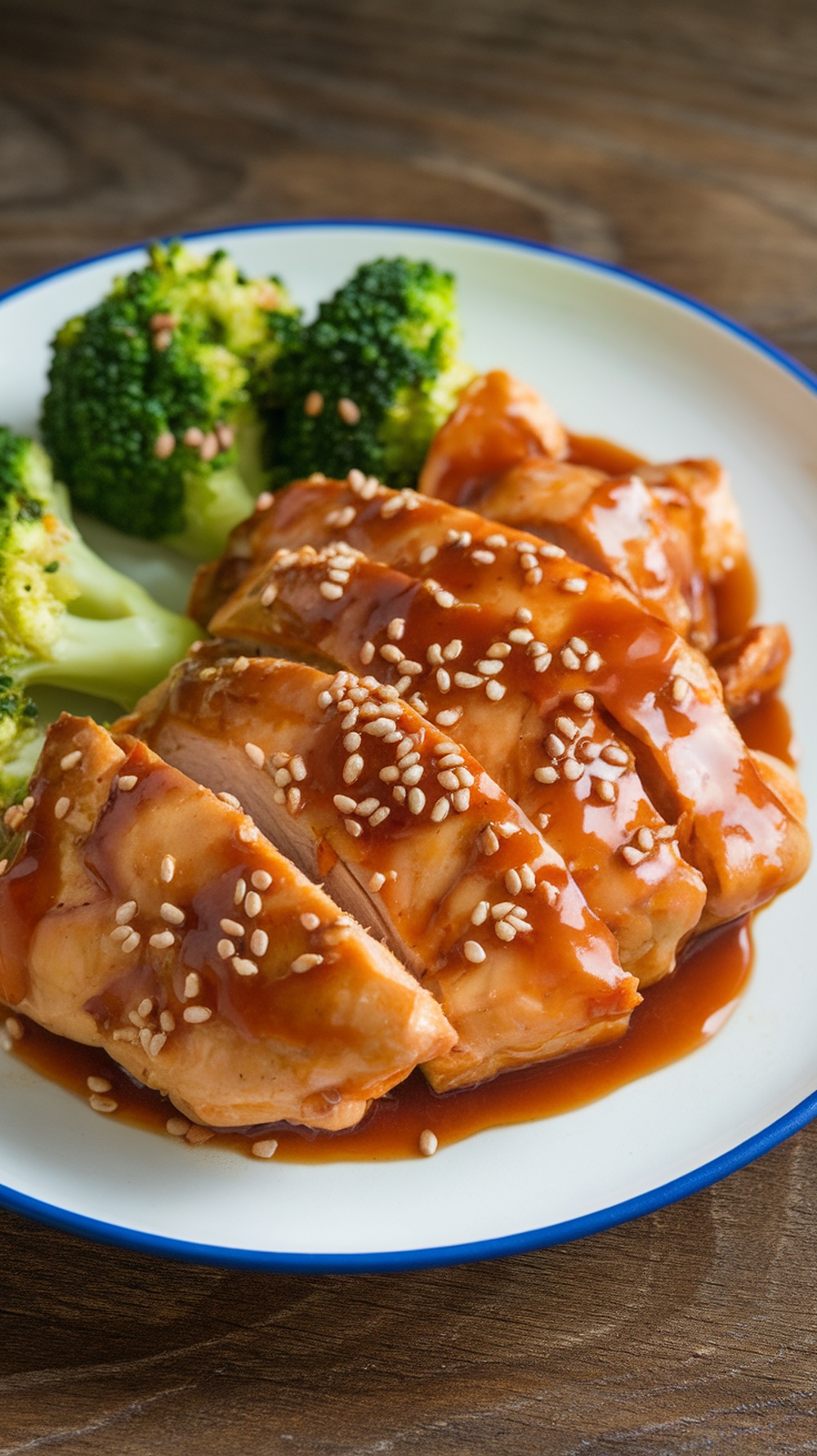 A plate of teriyaki chicken with broccoli, garnished with sesame seeds.