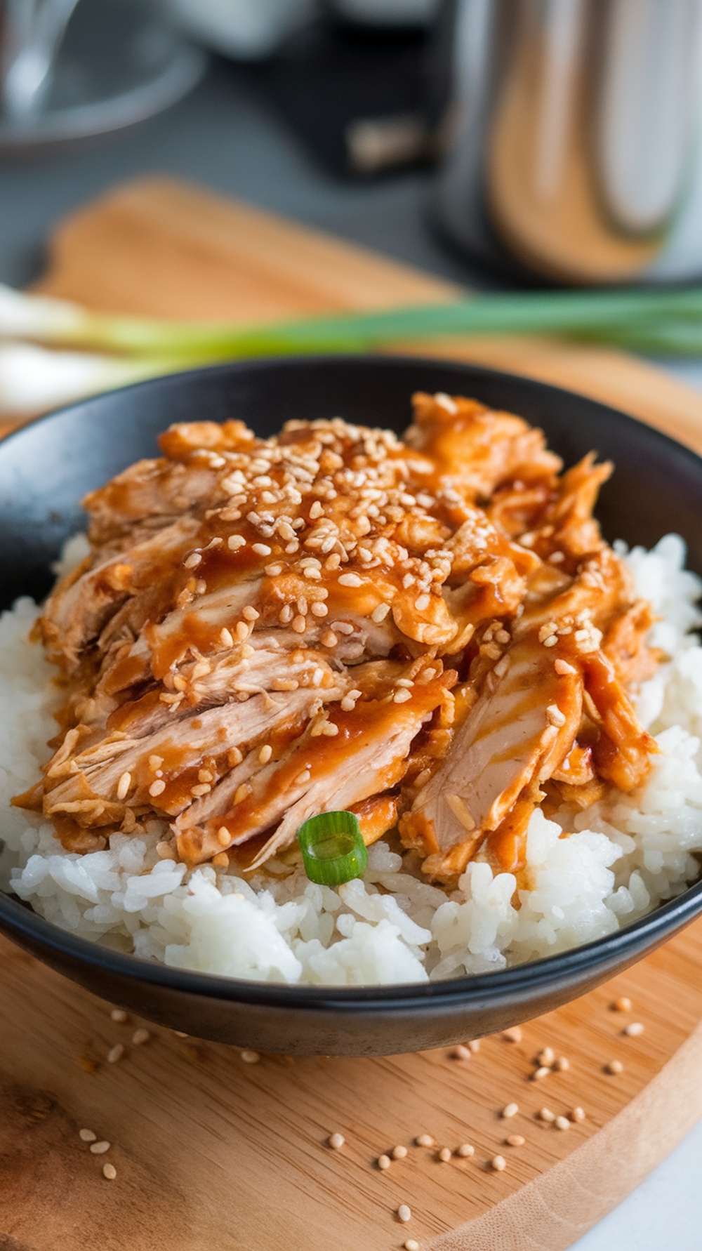 A bowl of teriyaki shredded chicken served over rice, garnished with green onions and sesame seeds.