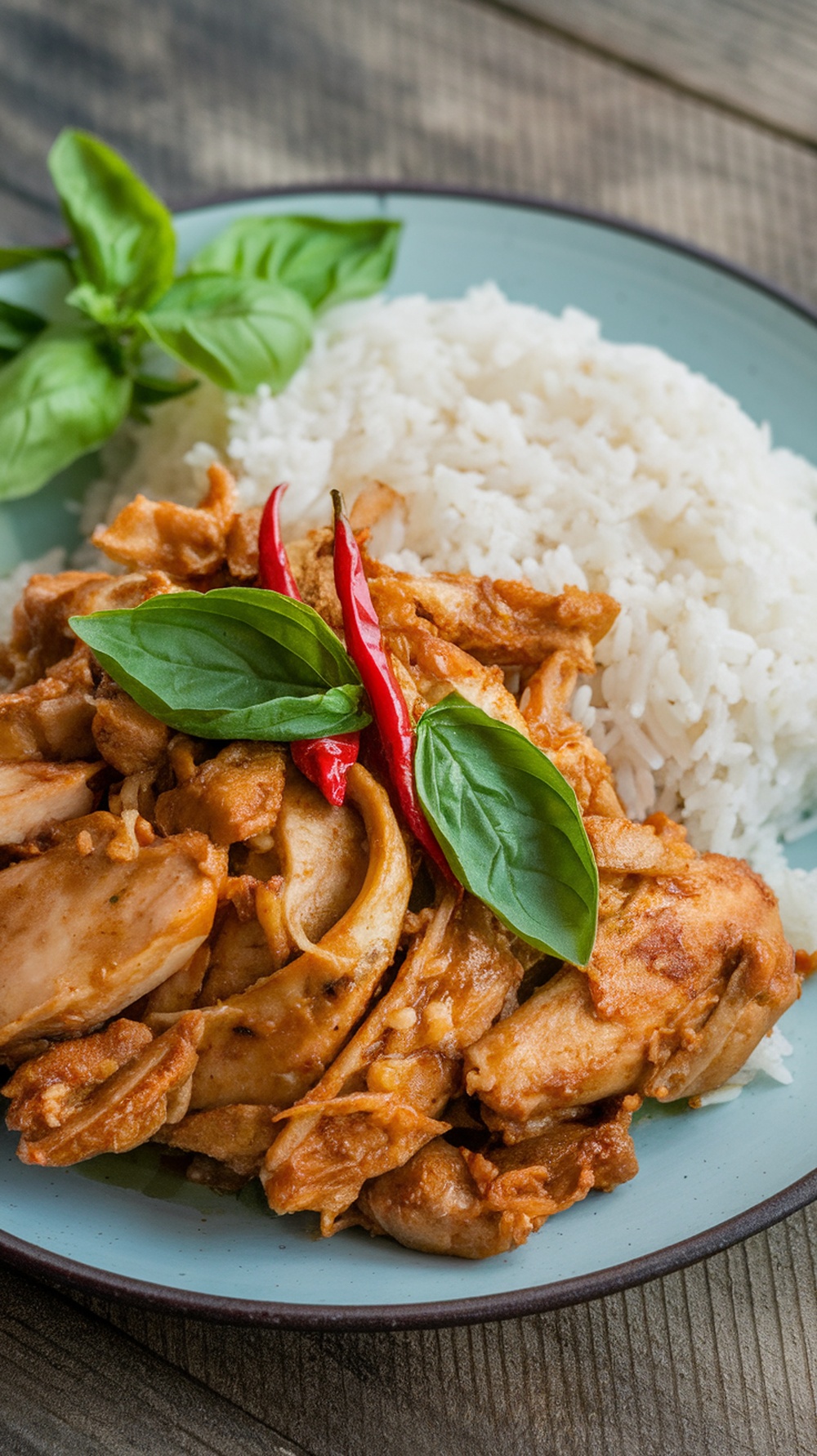 A plate of Thai basil chicken served with rice, garnished with fresh basil and red chilies.