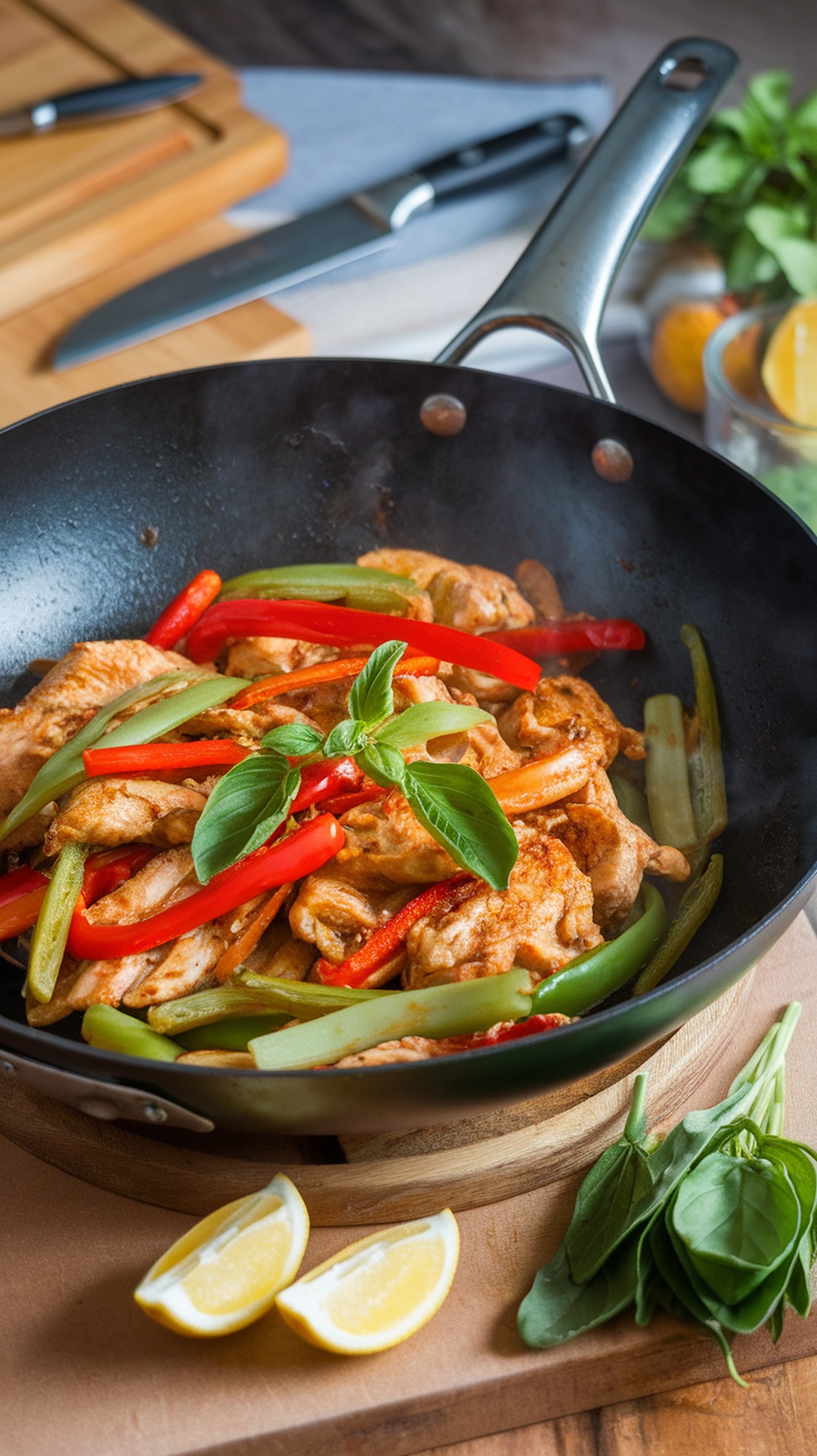 Thai Basil Chicken Stir-Fry with vibrant vegetables and fresh basil.