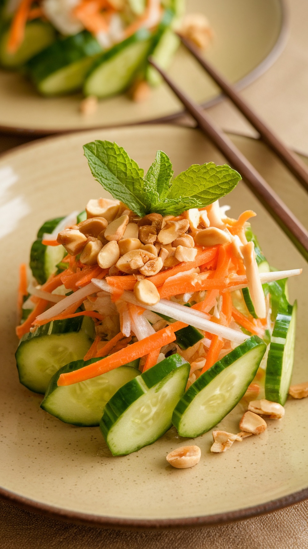 A colorful Thai cucumber salad topped with shredded carrots, peanuts, and mint on a plate.