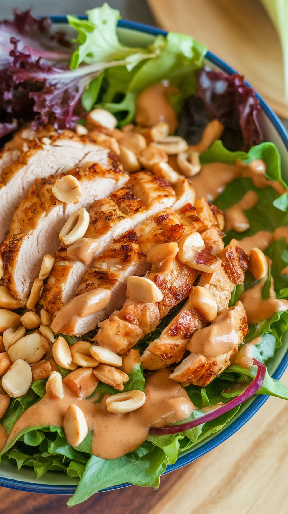 A bowl of Thai Peanut Chicken Salad with grilled chicken, peanuts, and greens.
