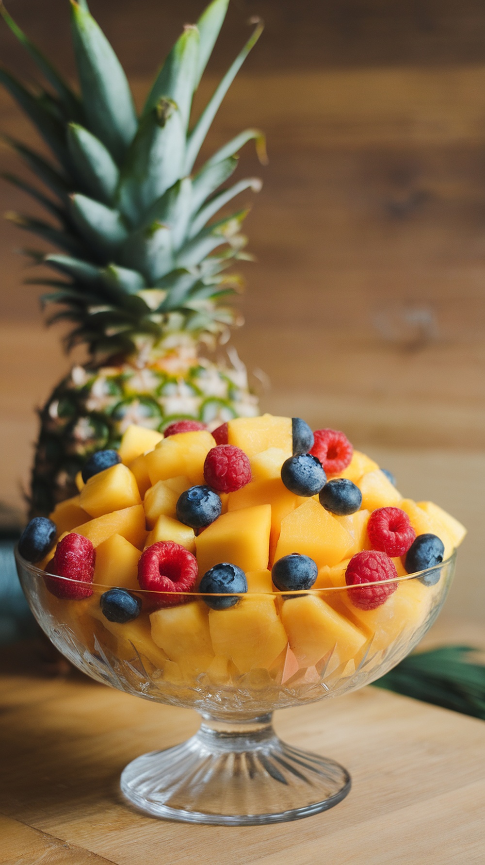 A bowl of tropical fruit salad with mango, blueberries, raspberries, and pineapple.