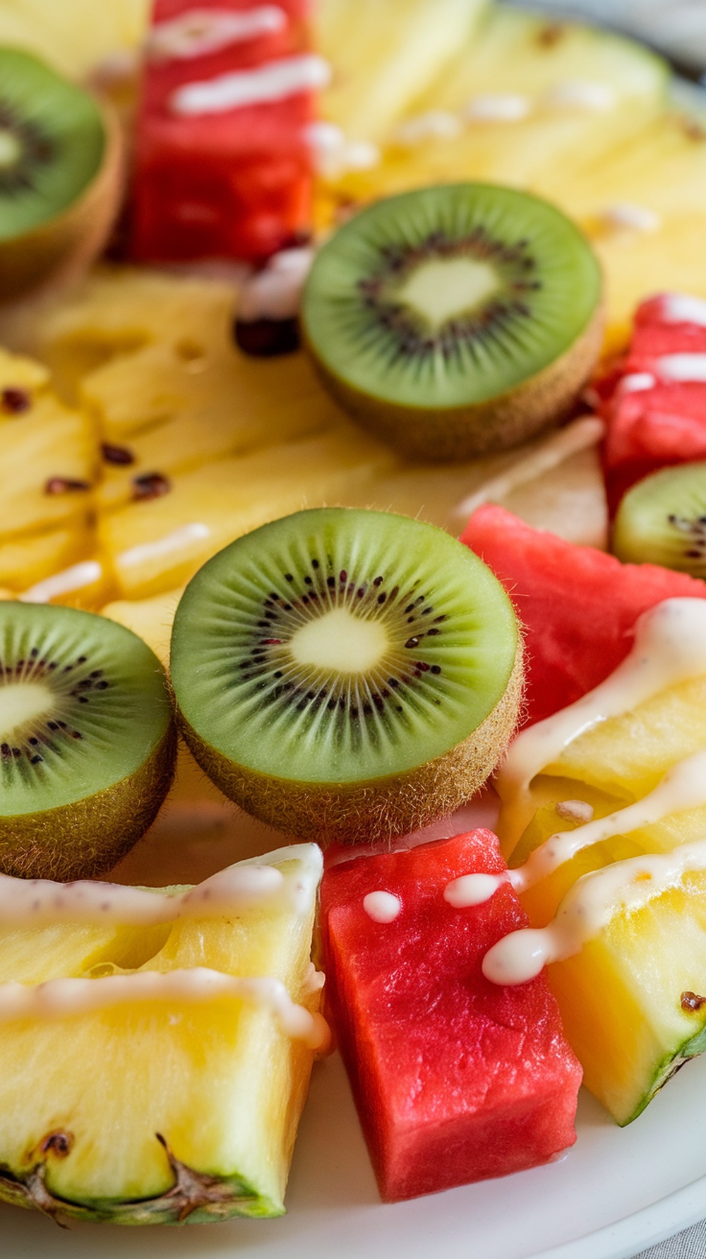 Tropical fruit salad with watermelon, kiwi, and pineapple drizzled with honey lime dressing.