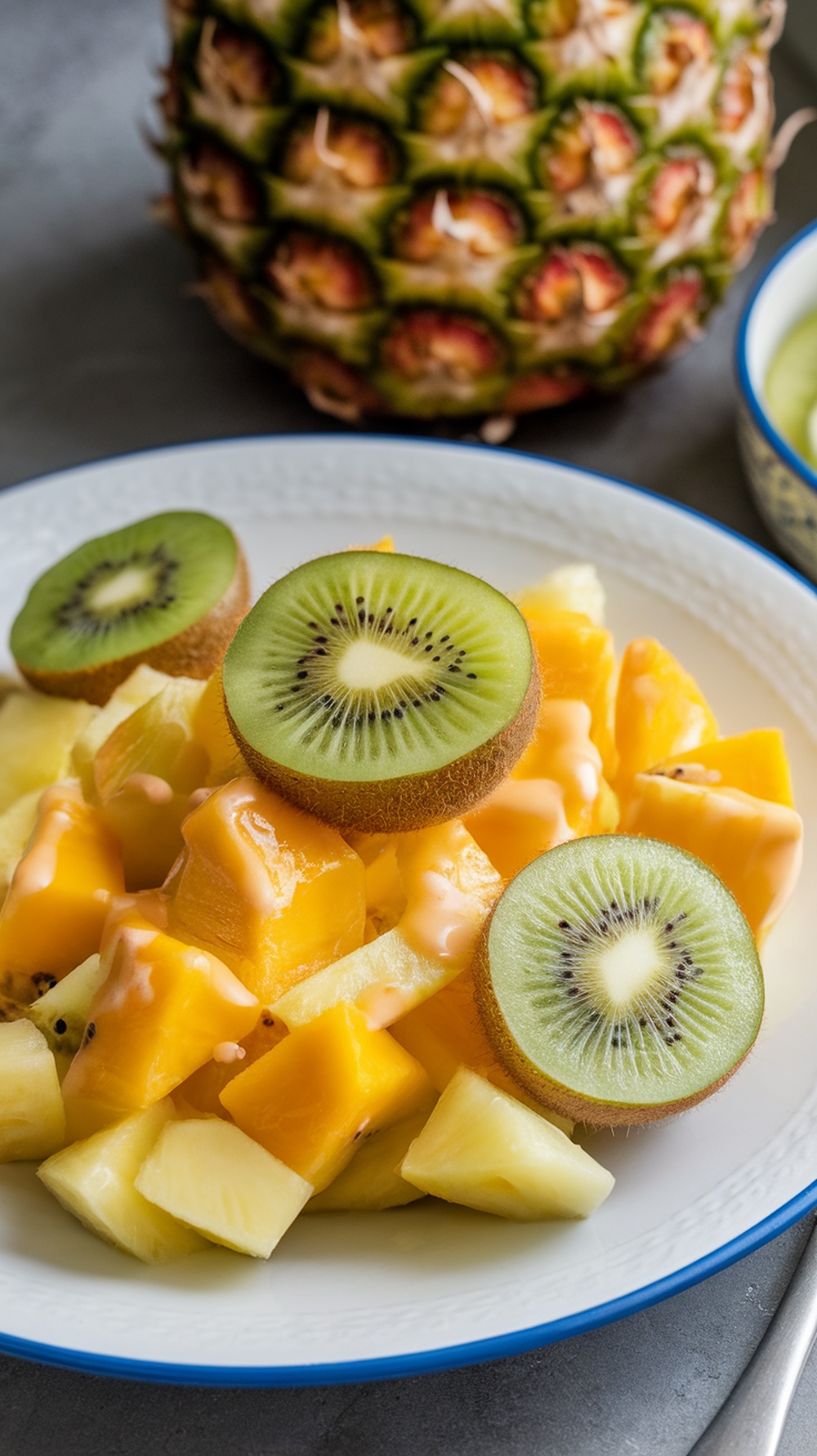A vibrant tropical fruit salad featuring pineapple, mango, and kiwi
