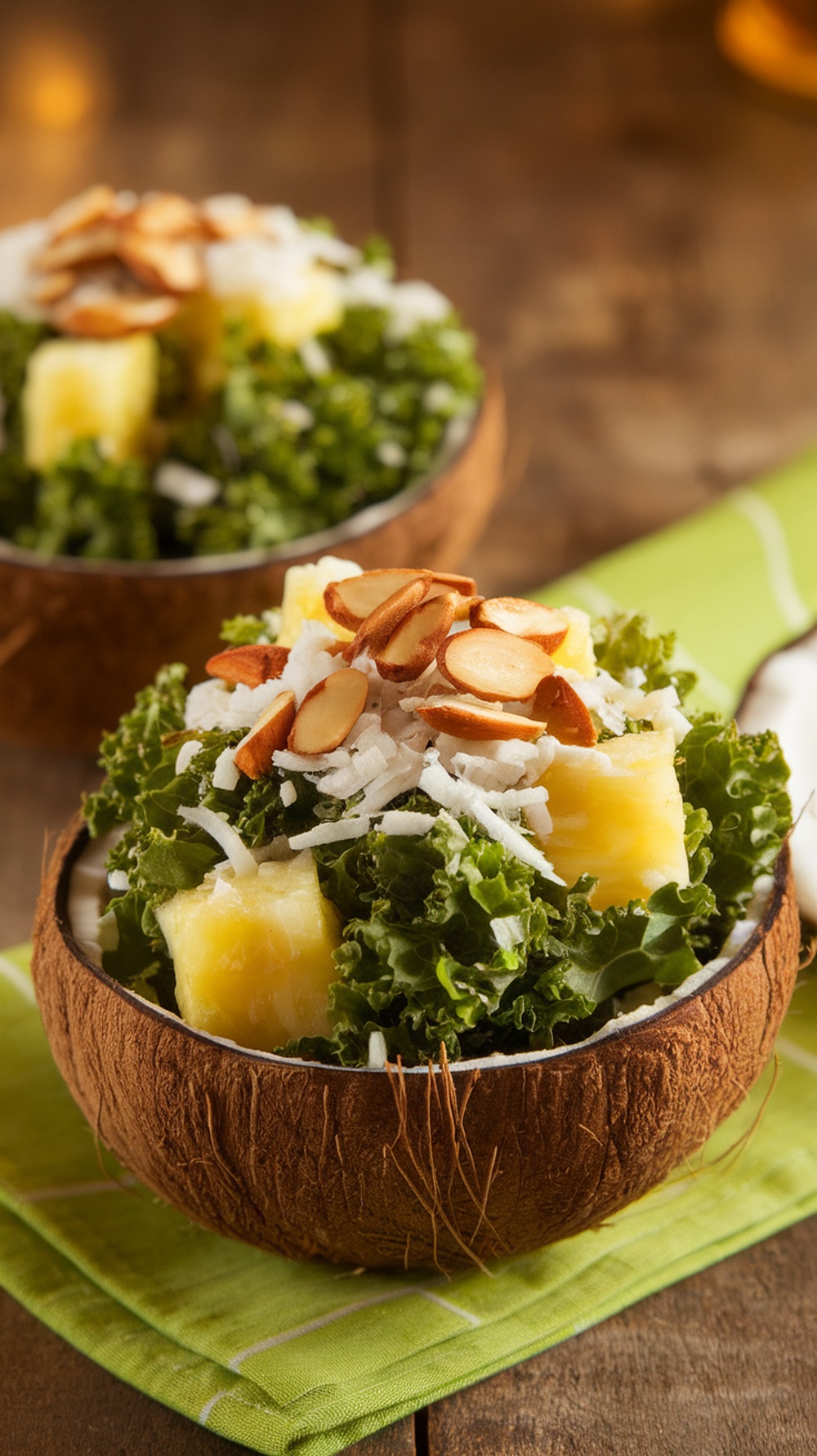 A vibrant Tropical Kale Salad featuring diced pineapple, shredded coconut, and sliced almonds on a bed of fresh kale.