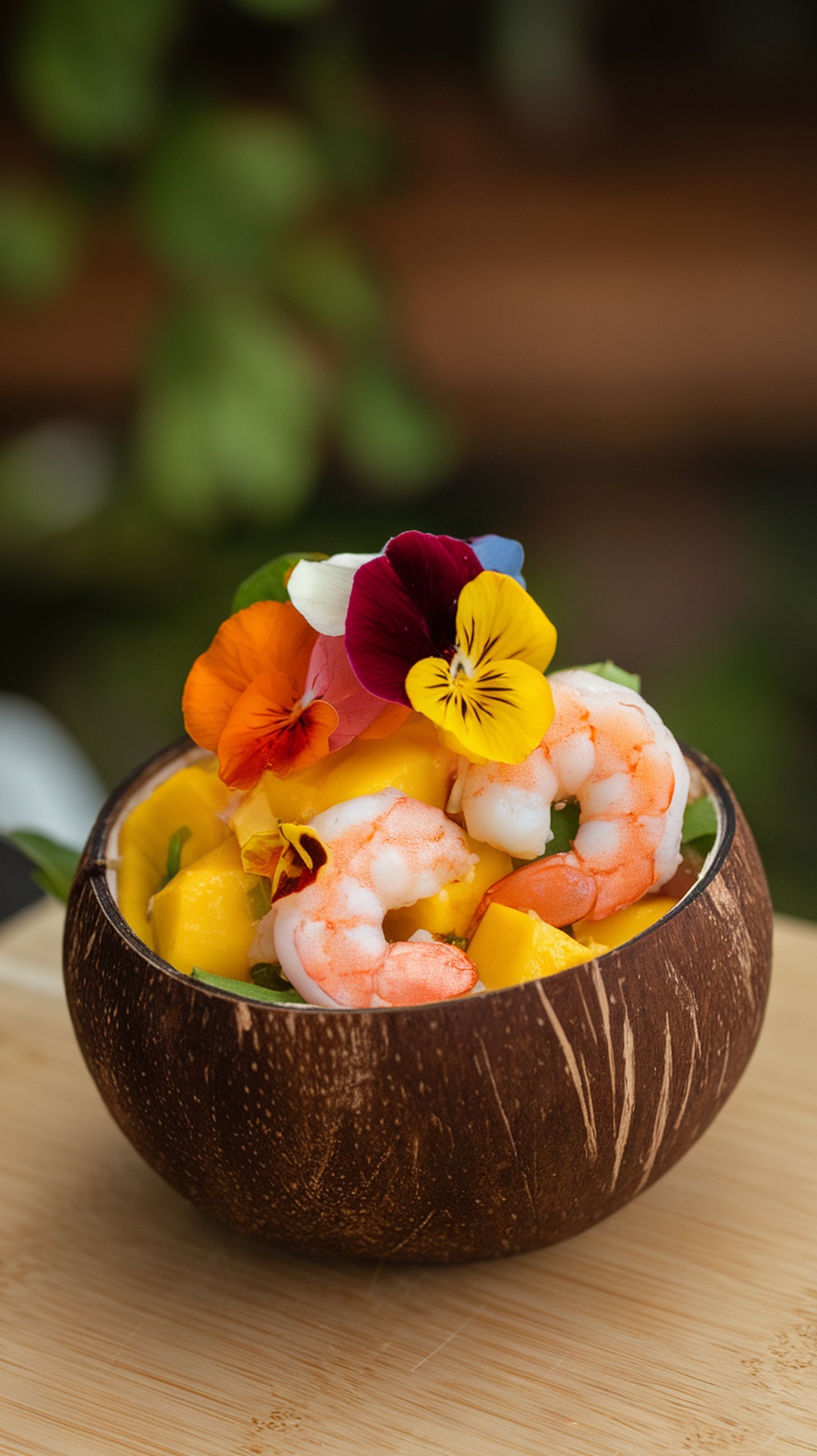 A vibrant Tropical Mango and Shrimp Salad in a coconut bowl, garnished with edible flowers.