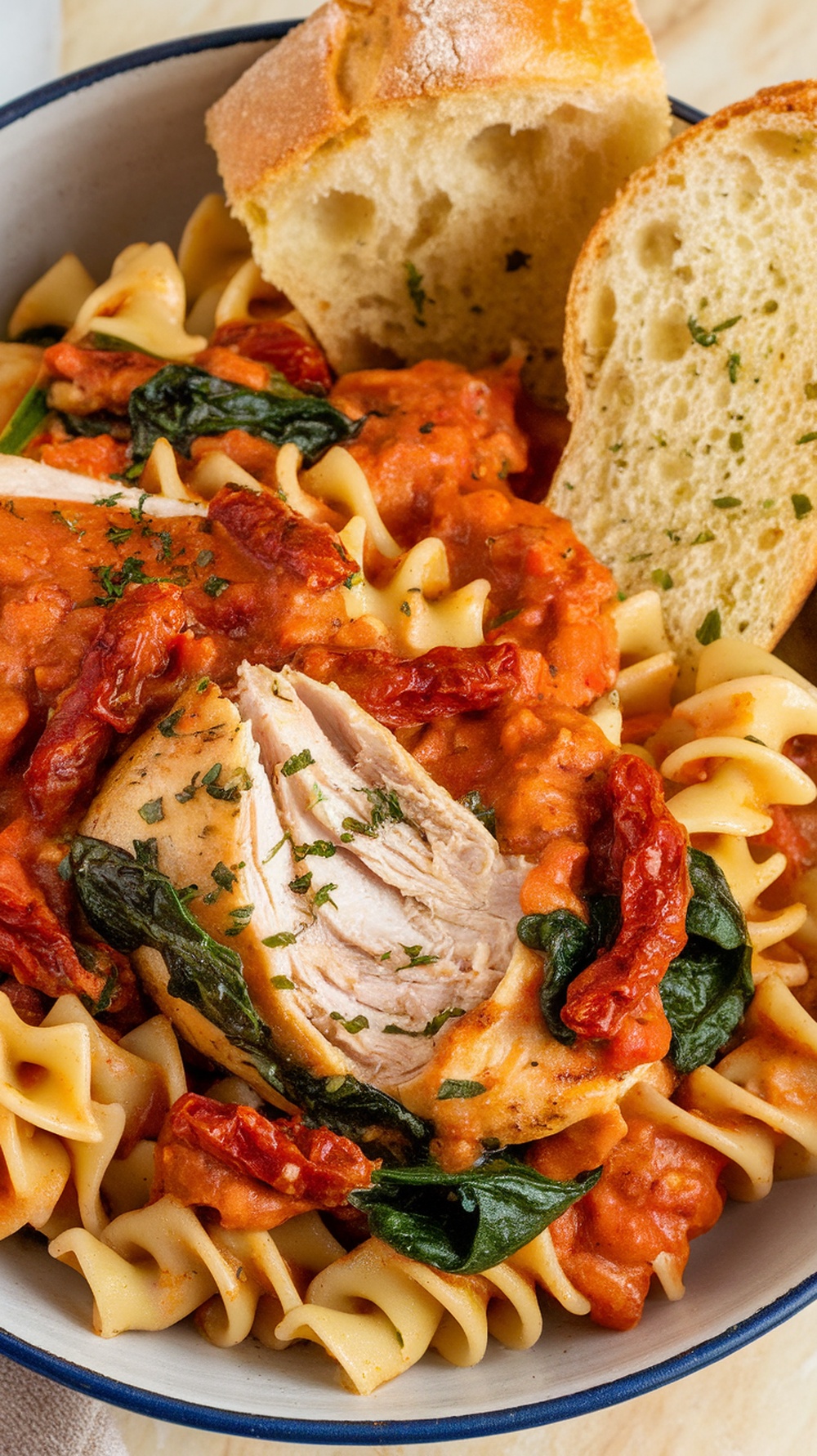 A bowl of Tuscan chicken pasta with spinach and sun-dried tomatoes, served with bread.