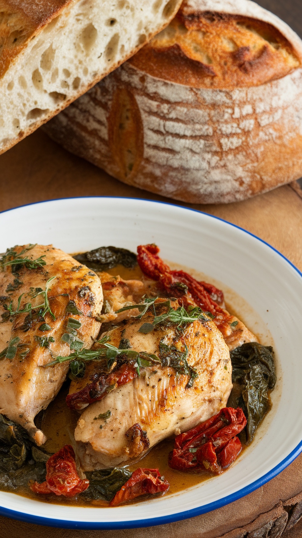 Tuscan chicken dish featuring chicken breasts, sun-dried tomatoes, and spinach on a plate.
