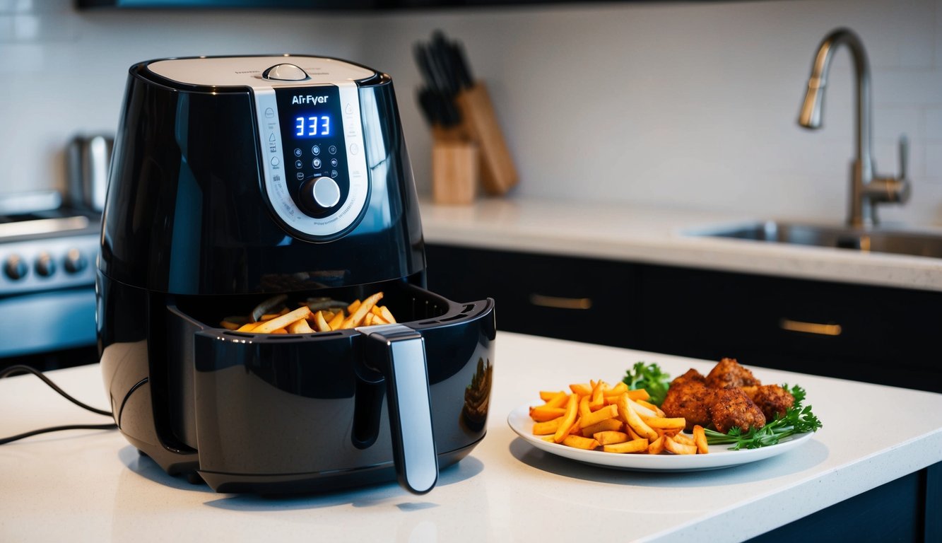 The air fryer sits on the kitchen counter, with the digital display showing the timer set for 3 minutes. Leftover food is arranged neatly on a plate nearby