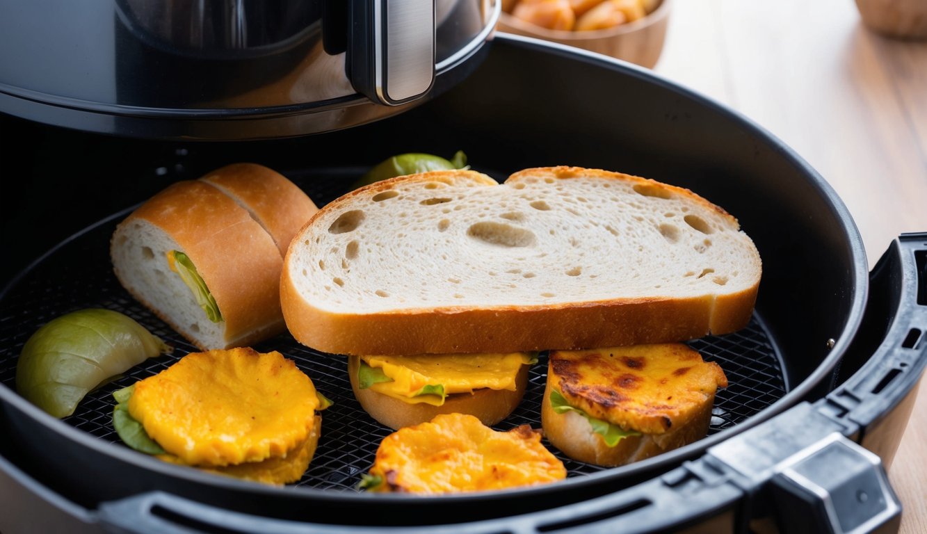 A slice of bread placed underneath various leftovers inside an air fryer, keeping them moist and preventing them from drying out