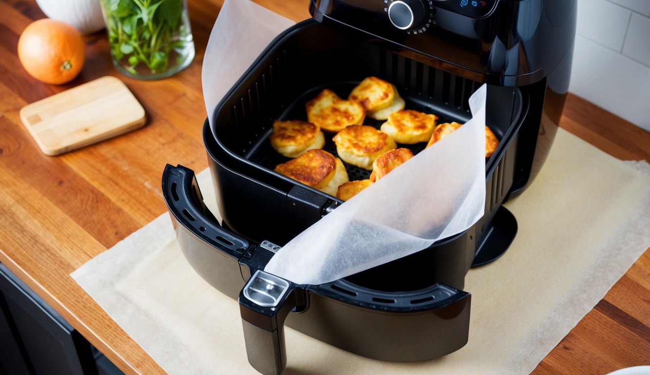 A piece of parchment paper covering an air fryer basket with reheated leftovers on it