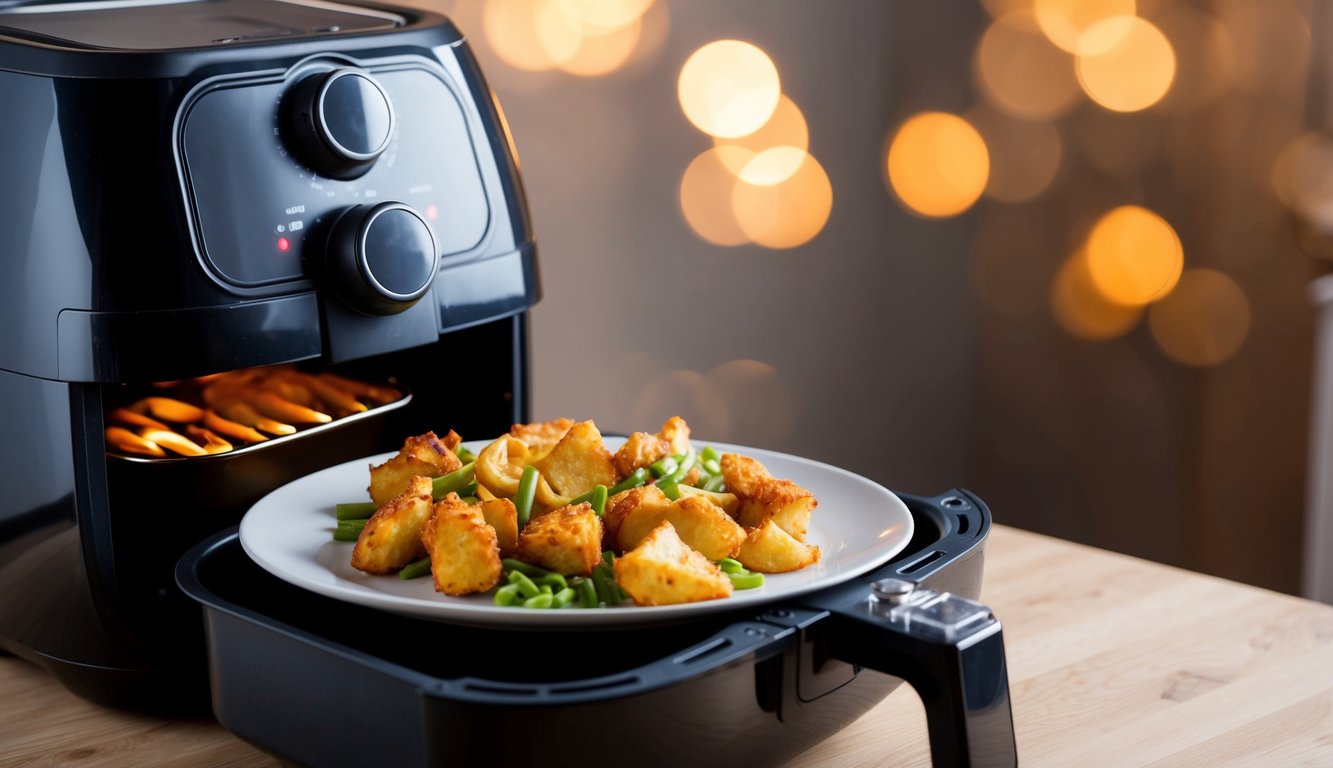 A plate of leftover food placed inside an air fryer with the reheat setting turned on, showing the hot air circulating around the food