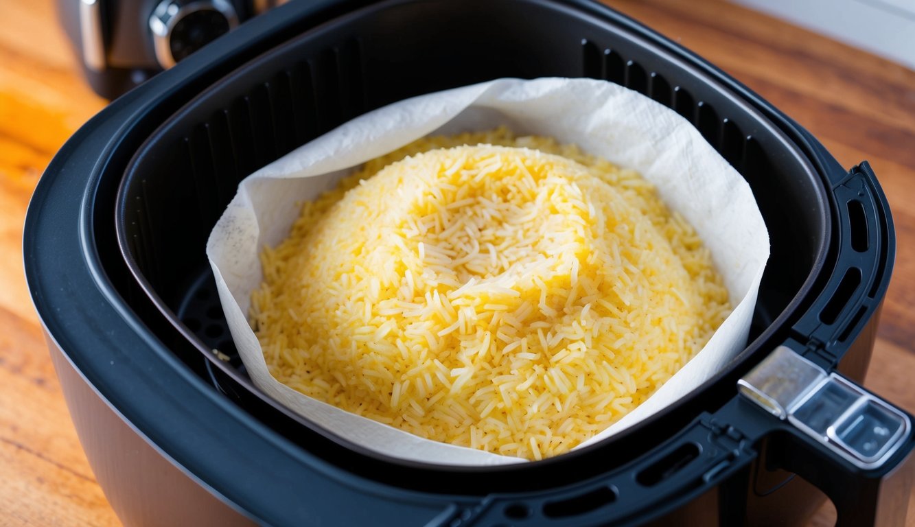 A bowl of rice covered with a damp paper towel placed inside an air fryer