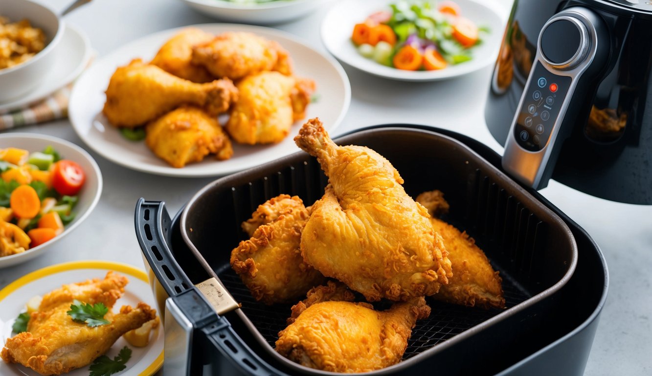 Golden fried chicken being placed into an air fryer, surrounded by various leftover dishes
